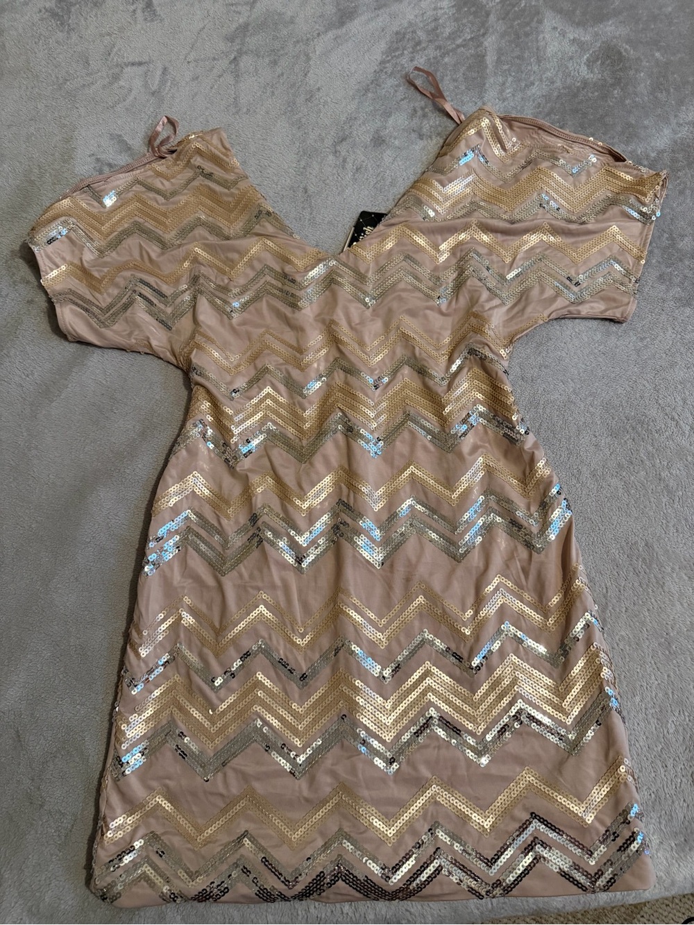 As U Wish Blush Sequin Chevron Off-Shoulder Dress